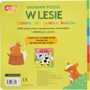 Tył żółtej książeczki „Układam puzzle W LESIE” ze wiewiórką, lisem i tekstem zachęcającym do zabawy.