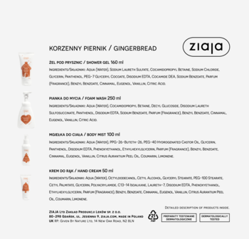 Zestaw Ziaja Korzenny Piernik: żel, pianka, mgiełka, krem w pomarańczowych opakowaniach z opisem składników na białym tle.