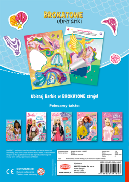 Tył książki "Brokatowe Ubieranki Barbie", niebieskie tło, brokatowe naklejki ubranek, polecane tytuły i kod kreskowy.