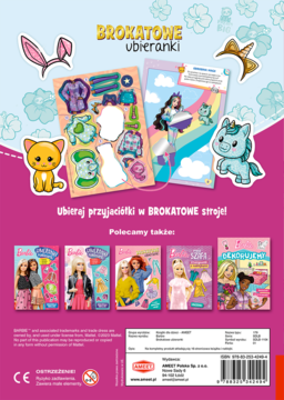 Tył różowej książki Barbie Brokatowe Ubranka z naklejkami, wycinankami i danymi wydawcy.