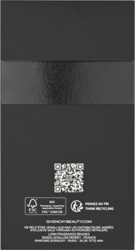 Tył czarnego opakowania Givenchy Gentleman Boisée z kodem QR, logo FSC i tekstem o recyklingu.