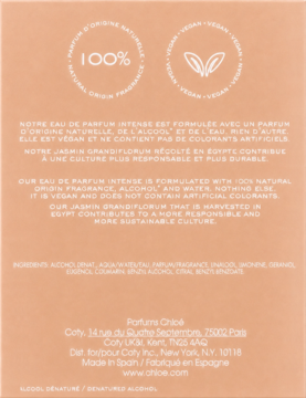 Tył opakowania Chloé Nomade Jasmin Naturel Intense, perfumy naturalne, z ikonami 100% naturalności i wegańskimi.