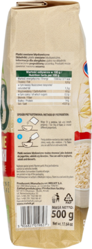 Tył beżowego opakowania Płatków Owsianych Błyskawicznych, widoczne wartości odżywcze, przepisy, producent i waga 500g.