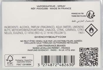 Tył białej etykiety perfum Givenchy Ange ou Démon Le Secret, z listą składników, kodem kreskowym i logo FSC.