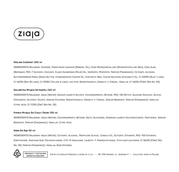 Ziaja logo, tył opakowania z listą składników dla płynu micelarnego, balsamu, peelingu i pianki do ciała.