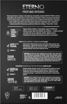 Tył czarnego opakowania szamponu i żelu Masveri Eterno, widoczny skład i pojemność 250ml/300ml.