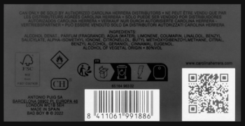 Tył etykiety perfum Carolina Herrera Bad Boy z czytelnym składem, kodem EAN i QR, symbolami recyklingu.