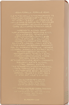 Tył beżowego kartonowego opakowania perfum Burberry Goddess z wegańską formułą, widoczne składniki.
