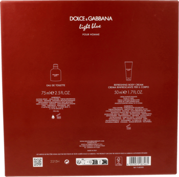 Tył czerwonego pudełka zestawu Dolce & Gabbana Light Blue Pour Homme, z opisami wody toaletowej 75ml i balsamu 50ml.