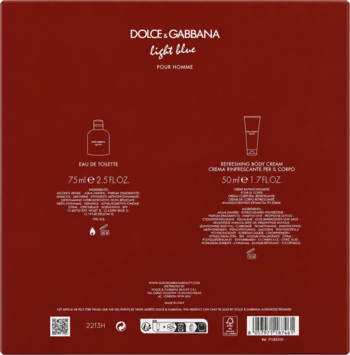 Tył opakowania Dolce & Gabbana Light Blue Pour Homme, zestaw woda toaletowa 75ml i balsam 50ml, na czerwonym tle.