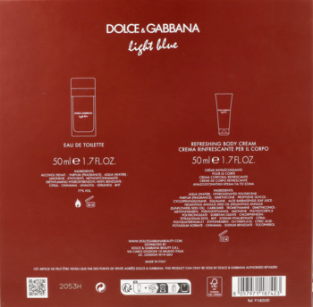 Tył brązowo-czerwonego opakowania zestawu D&G Light Blue, z napisami o wodzie toaletowej 50ml i balsamie 50ml.