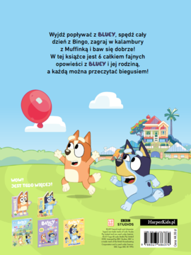 Tylna okładka książki „Bajki 5 minut przed snem” z Bluey i Bingo w biegu na zielonym trawniku.