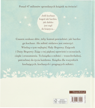 Tył błękitnej okładki książki "Mały Brązowy Zajączek" z opisem o miłości, logo HarperCollins i liczbą 47 mln kopii.