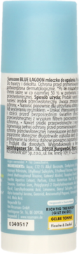 Tył jasnoniebieskiej butelki Sunozon Blue Lagoon SPF 50 mleczka do opalania z etykietą i kodem.