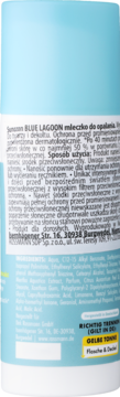 Tył jasnoniebieskiego mleczka do opalania Sunozon Blue Lagoon SPF 50 z tekstem PL/DE i ikonami recyklingu.