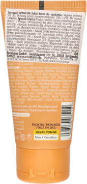 Tył pomarańczowej tuby Sunozon Ipanema SPF30, widoczny polski tekst i instrukcje recyklingu.