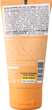 Tył pomarańczowej tubki kremu do opalania Sunozon Ipanema SPF30, widoczne etykiety i instrukcje recyklingu.