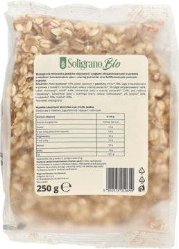 Tylna strona przezroczystej torby Soligrano Bio, ekologiczny mix śniadaniowy 250g z płatkami owsianymi i owocami.