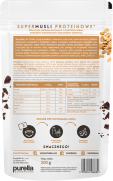 Tył jasnego opakowania Purella Musli proteinowego z pełnym opisem, składem, wartościami odżywczymi i grafiką przygotowania.