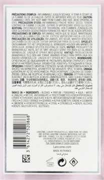 Tył różowego opakowania perfum Lancôme La Vie est Belle en Rose z instrukcjami, składem i kodem kreskowym.