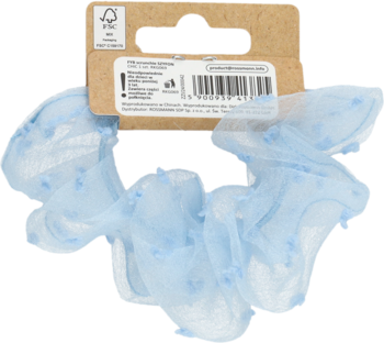 Ozdobna, jasnoniebieska scrunchie z tiulu w drobne kropki, widok na produkt z tyłem opakowania.