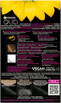Tył opakowania farby Garnier Olia w odcieniu czarnego, z detalami, składem Vegan Formula i próbkami koloru.