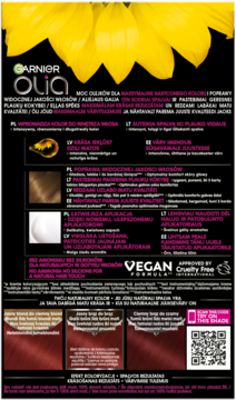 Tył opakowania farby Garnier Olia, intensywna czerwień, z grafiką słonecznika. Formuła Vegan.
