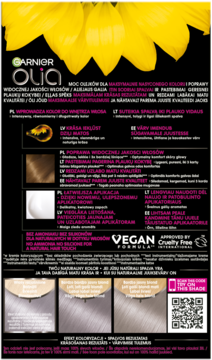Tył opakowania farby Garnier Olia srebrny blond. Vegan Formula, moc olejków, próbki koloru włosów.