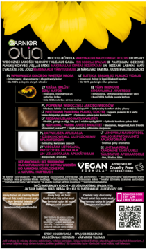 Tył opakowania farby do włosów Garnier Olia, brąz, z opisem technologii olejków i logo Vegan Formula.