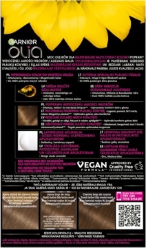 Tył opakowania farby Garnier Olia z olejami. Informacje o składzie, efekcie, próbki koloru, logo Vegan.