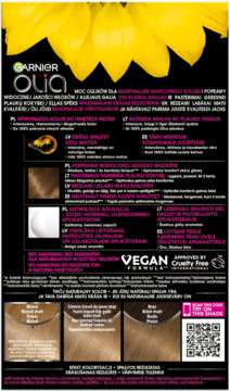 Tył opakowania farby Garnier Olia ciemny beż z opisem w języku polskim, próbkami koloru i logo Vegan Formula.