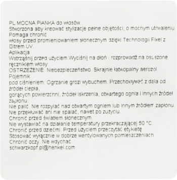 Biała etykieta mocnej pianki do włosów, widok z bliska, z polskim tekstem o łatwopalnym aerozolu.