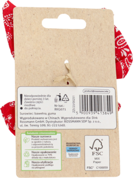 Tył kartonowego opakowania czerwonej scrunchie z białym wzorem bandany. Widoczne informacje o składzie i certyfikatach.