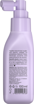 Tył fioletowego sprayu Neboa Glossy Hair, 100 ml, z listą składników i opisem zastosowania po polsku.