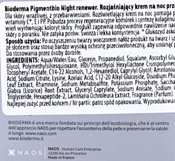 Tył opakowania Bioderma Pigmentbio Night Renewer – rozjaśniającego kremu na noc, z listą składników i datą ważności.