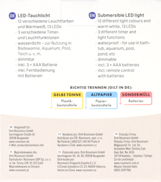 Ulotka informacyjna lampy LED: wodoodporna, 12 kolorów, pilot. Tekst DE/EN o funkcjach i recyklingu.