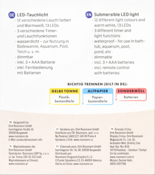 Etykieta lampy LED do basenu/akwarium: 12 kolorów, pilot. Widoczne instrukcje recyklingu.