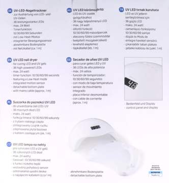 Biała lampa UV LED 24W do utwardzania manicure, z wyświetlaczem czasu, na tle specyfikacji produktu.