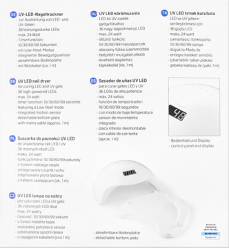 Biała lampa UV LED 24W do paznokci z wyświetlaczem, widoczna od przodu, na tle instrukcji.