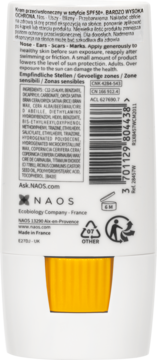 Tył białego sztyftu do twarzy Bioderma Photoderm Stick SPF 50+ z etykietą i składem.