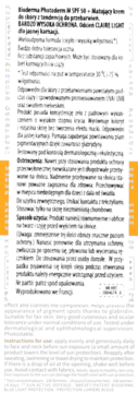 Bioderma Photoderm M SPF 50+ Light, ulotka z opisem i instrukcją, tekst w języku polskim i angielskim.