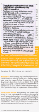 Fragment etykiety kremu Photoderm Crème SPF 50+ Light, z opisem właściwości dla skóry suchej i wrażliwej.