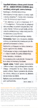 Etykieta Bioderma Photoderm Aquafluide SPF 50+, tekst z instrukcją użycia i ostrzeżeniami w języku polskim i angielskim.