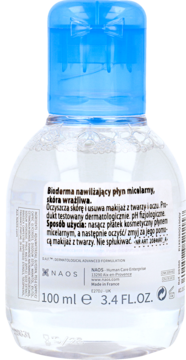 Tył butelki Bioderma Hydrabio H2O, nawilżający płyn micelarny, 100ml, z polskim opisem i niebieską zakrętką.