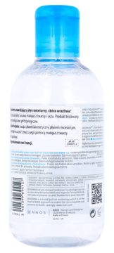 Tył butelki Bioderma Hydrabio H2O, nawilżający płyn micelarny. Widoczne informacje o produkcie i kod kreskowy.