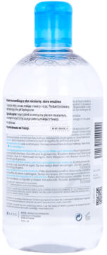 Tył przezroczystej butelki Bioderma Hydrabio H2O micelarnego płynu do demakijażu wrażliwej skóry.
