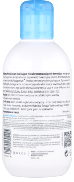 Biała butelka Bioderma Hydrabio Lait, mleczka nawilżającego do demakijażu, tył z polskim tekstem i kodem kreskowym.