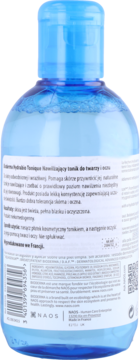 Nawilżający tonik Bioderma Hydrabio, niebieska butelka, tył z etykietą po polsku, widoczny kod kreskowy.