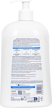 Tył białej butelki Bioderma Atoderm Intensive Gel Moussant, żel myjący na swędzenie, z etykietami.