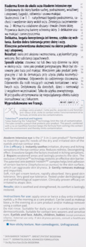 Zbliżenie na tekst etykiety Bioderma Intensive Eye: opis 3w1, skuteczność, użycie, bezzapachowy.